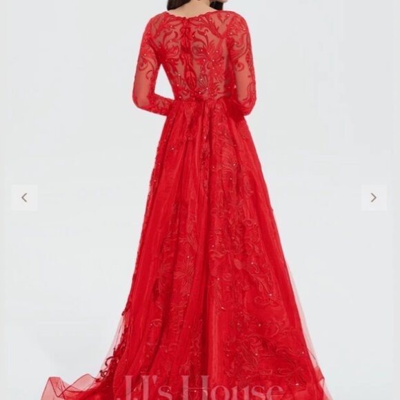 JJ's House Red Ball-Gown w/ Sweep Train Tulle Lace w/ Sequins Sz 8 196082 - Picture 3 of 13
